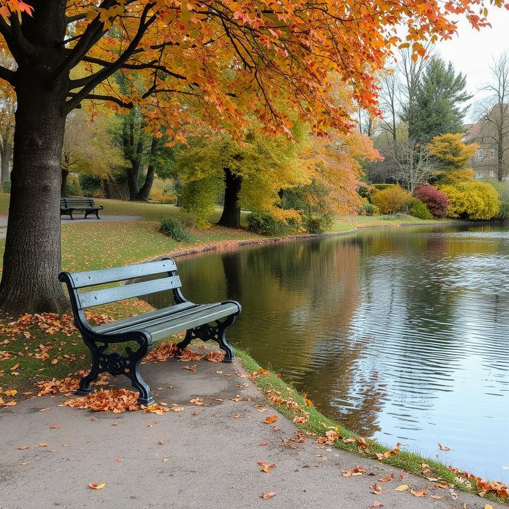 A wooden bench beside a calm river with reeds and morning mist in a public reserve